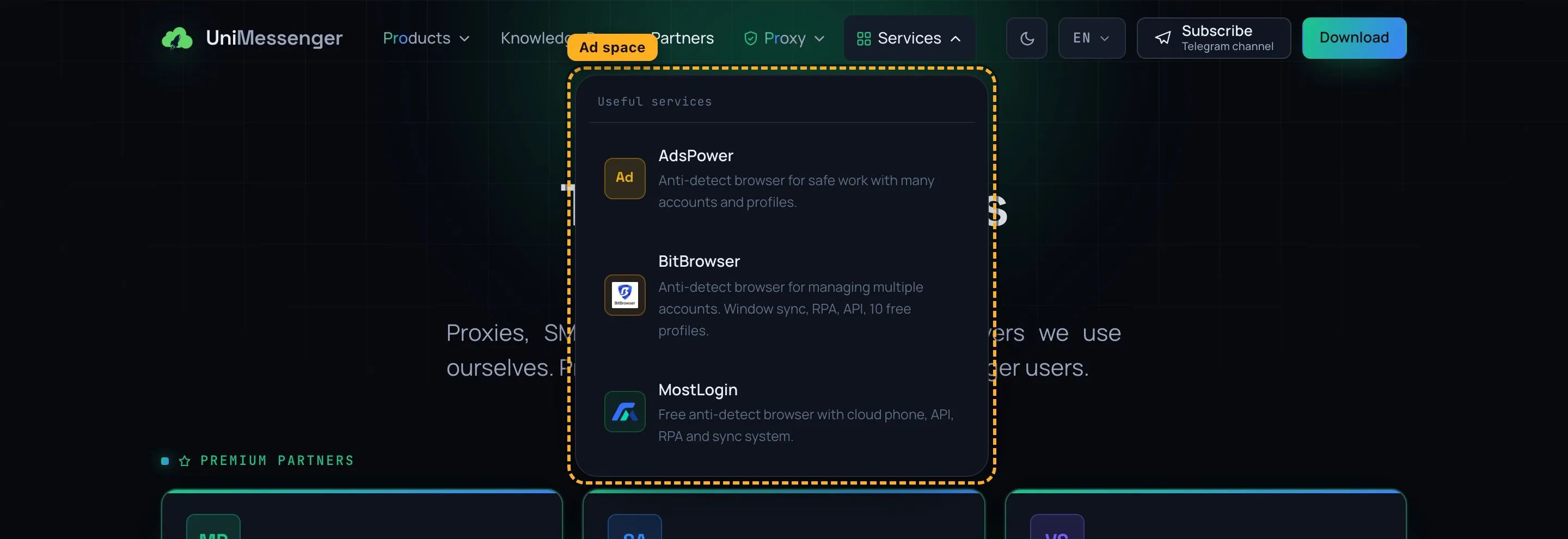 Placement example: “Services” dropdown in the header